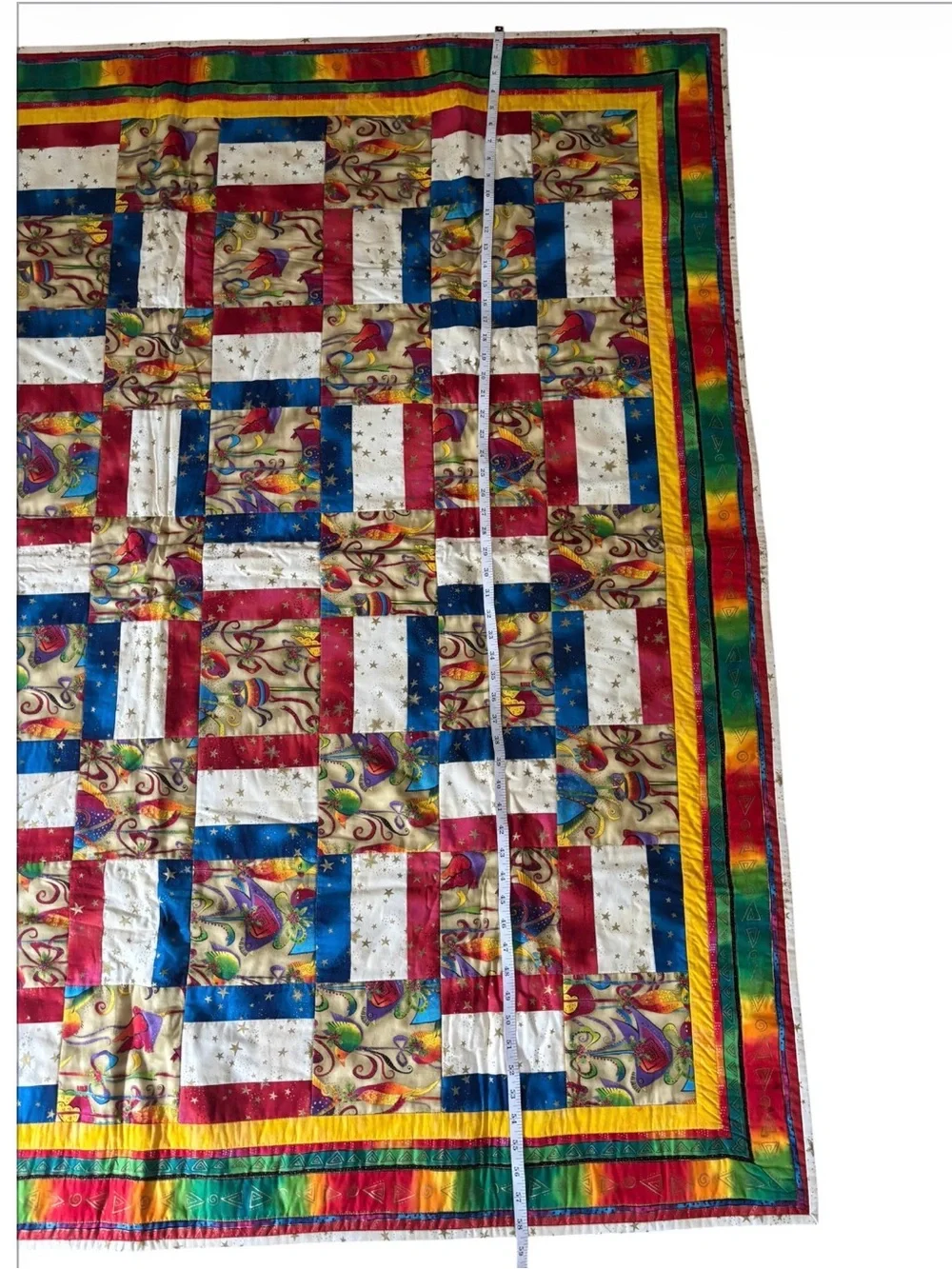 Handmade Laurel Burch Quilt - Patriotic Americana Patchwork Throw 58x58 Cabin